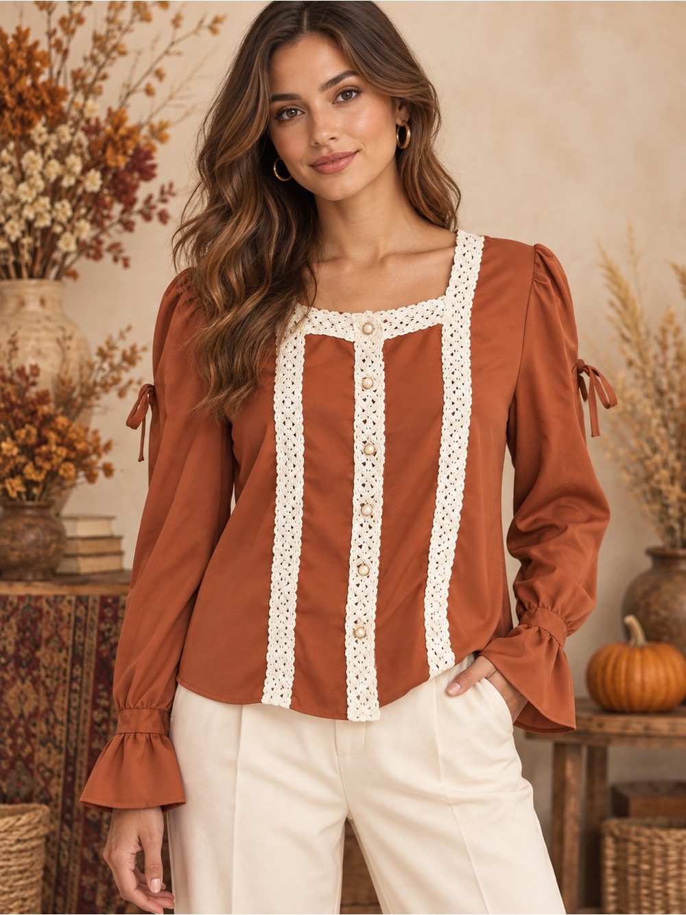 By Malene Beauty Rust Boho Crochet Trim Pearl Button Blouse